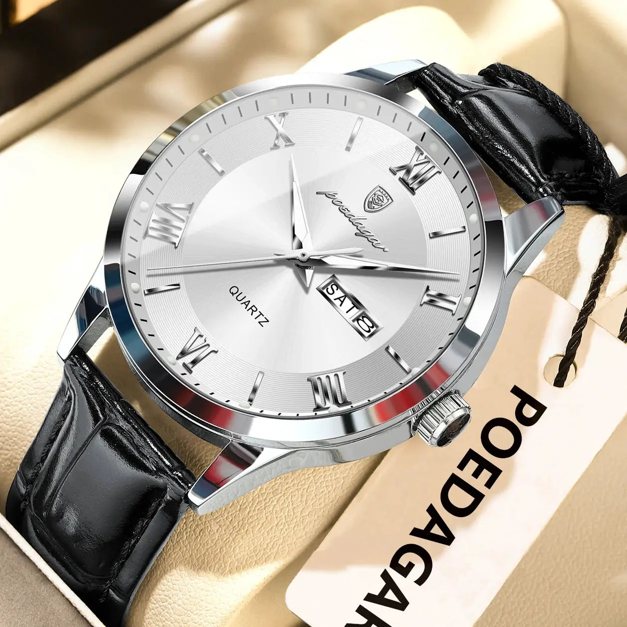 POEDAGAR Original Men Leather Strap Quartz Watch Luminous Waterproof Stainless Steel Case Timepiece