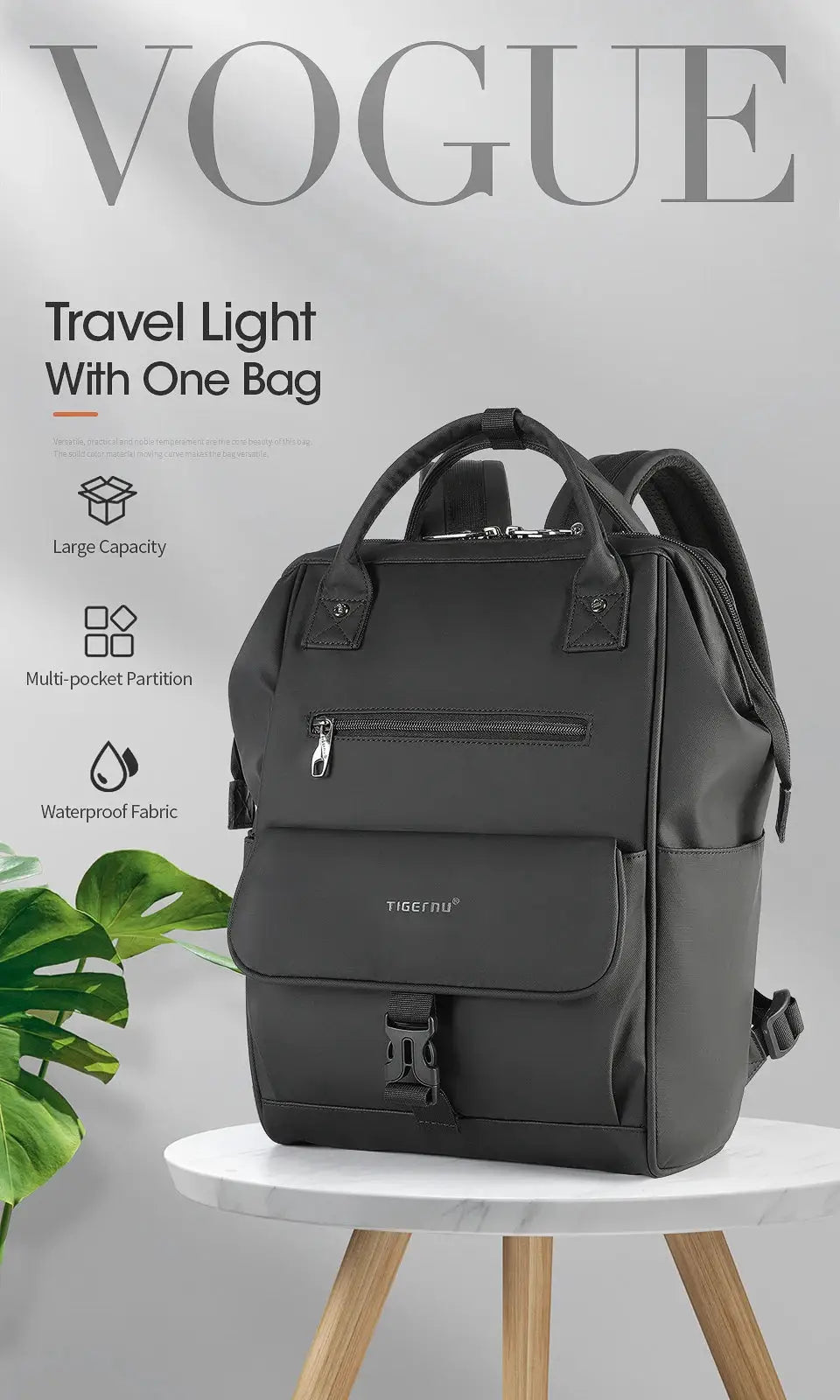 Tigernu black ladies casual backpack with splashproof TPU fabric and front zip pocket