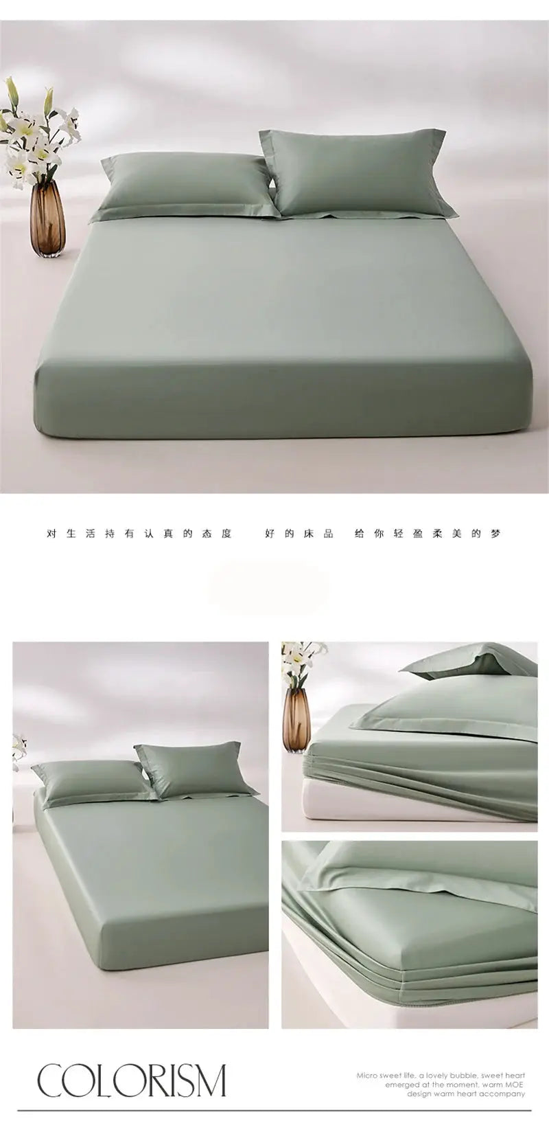 Simples Market fitted sheet in sage green, 100% Egyptian cotton, 800TC, with elastic edge bands.