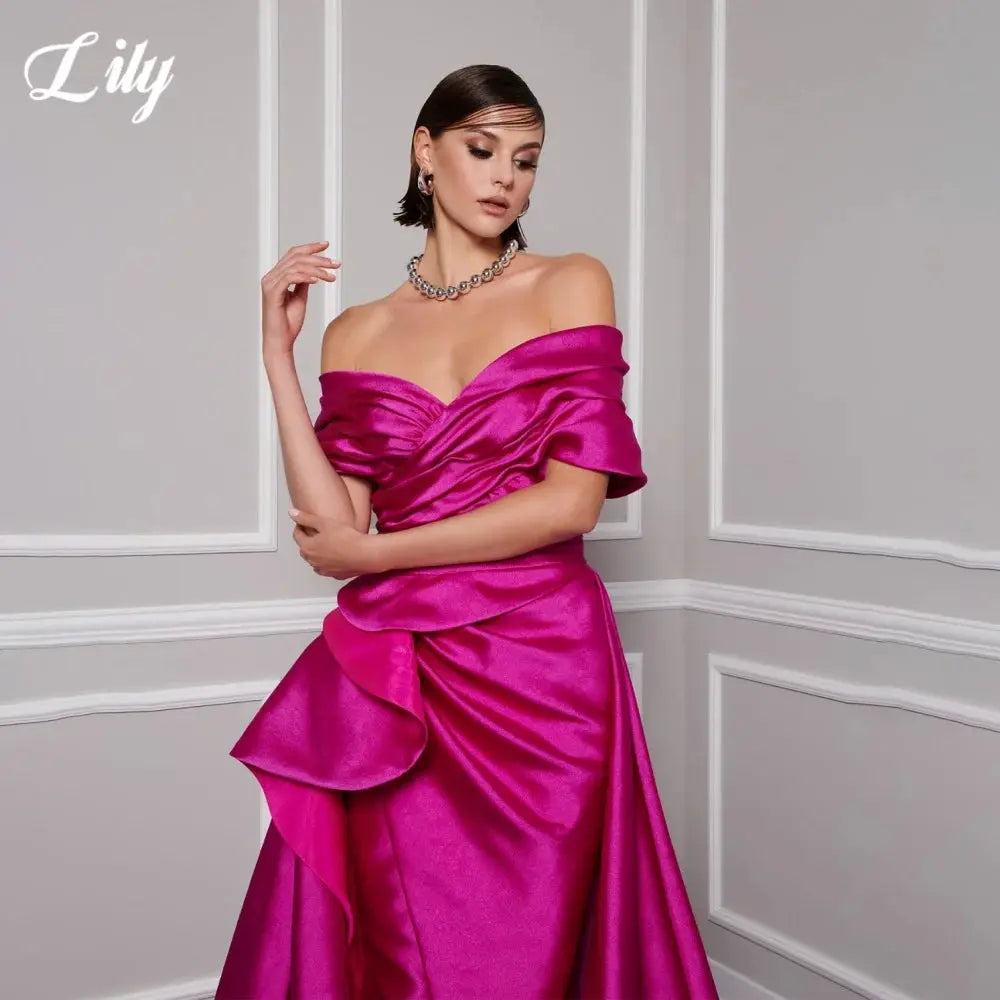 Lily Red Satin Prom Gown Off Shoulder Party Dress Pleated Side Split