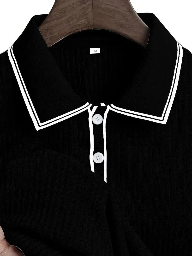 Men's polo shirt, black with white piping on collar and placket, short-sleeve.