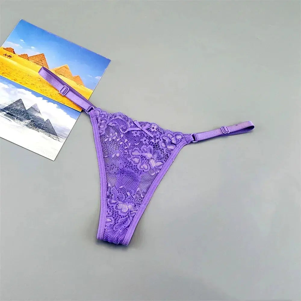 Purple lace thong underwear set, 3pcs adjustable low-rise T-back women's lingerie