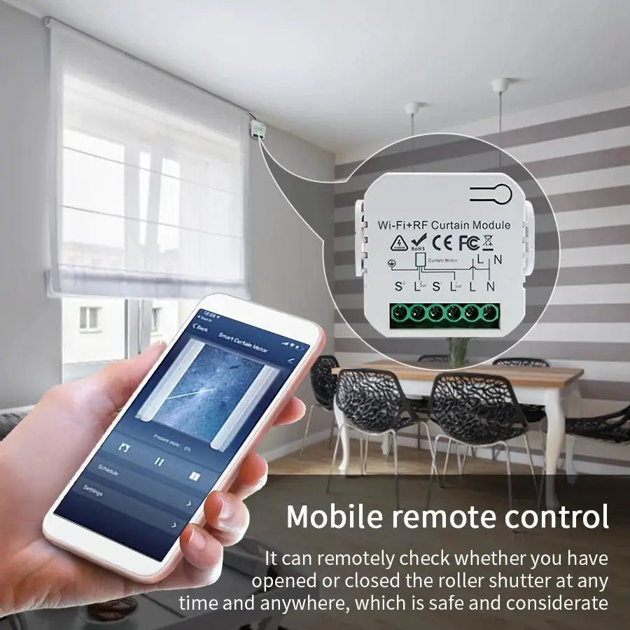Simples Market Tuya WiFi Curtain Module for roller blinds, white with green terminal block and smartphone remote control.