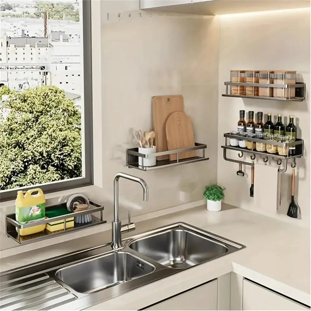 Simples Market 1 stainless steel multi-functional wall-mounted storage rack with rod for seasoning; holds spice jars.