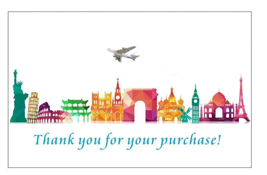Colorful city skyline illustration with landmarks and an airplane overhead, plus a thank you for your purchase message