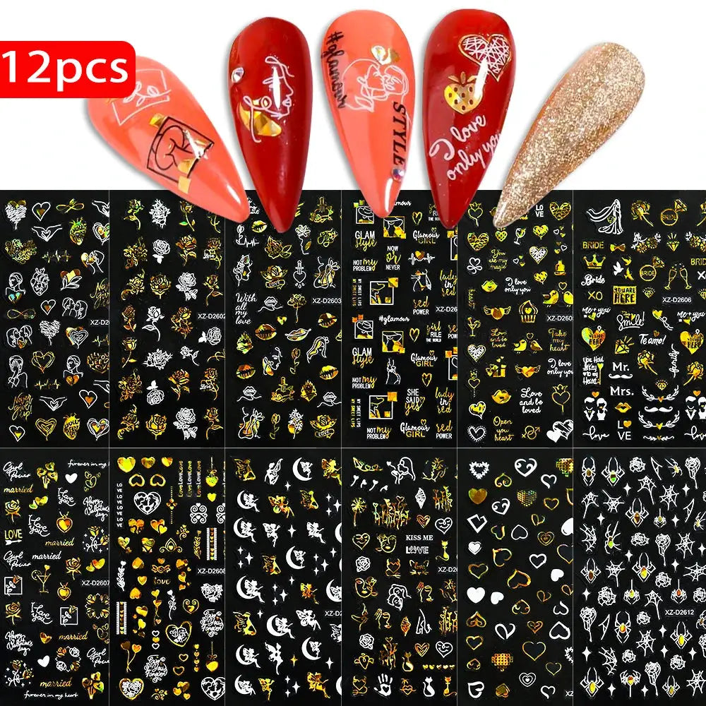 12pc nail sticker set with gold and white heart decals on black sheets; red/pink manicure tips display
