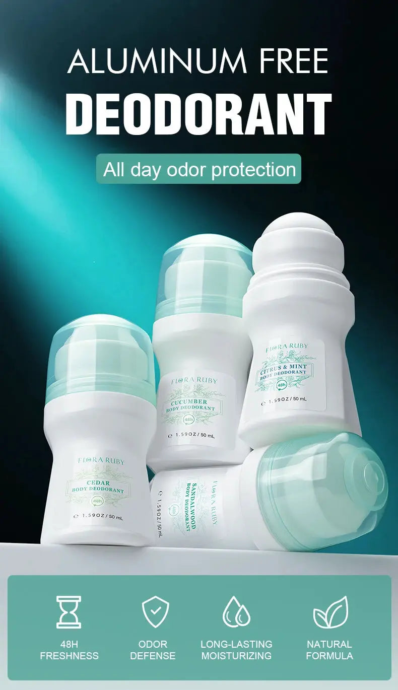 Flora Ruby aluminum-free deodorant roll-on set by Simples Market; 5 light-green capped bottles