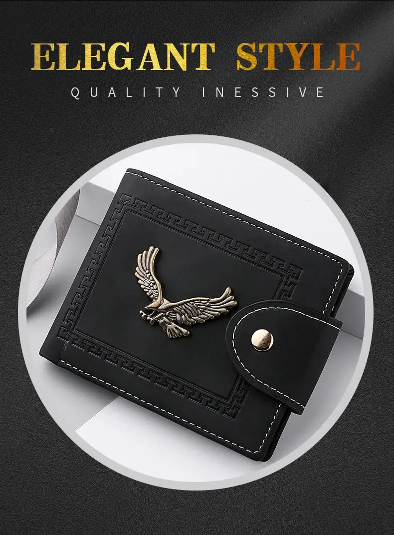 Men's PU leather wallet with bronze eagle emblem, black with white stitching and snap-tab closure