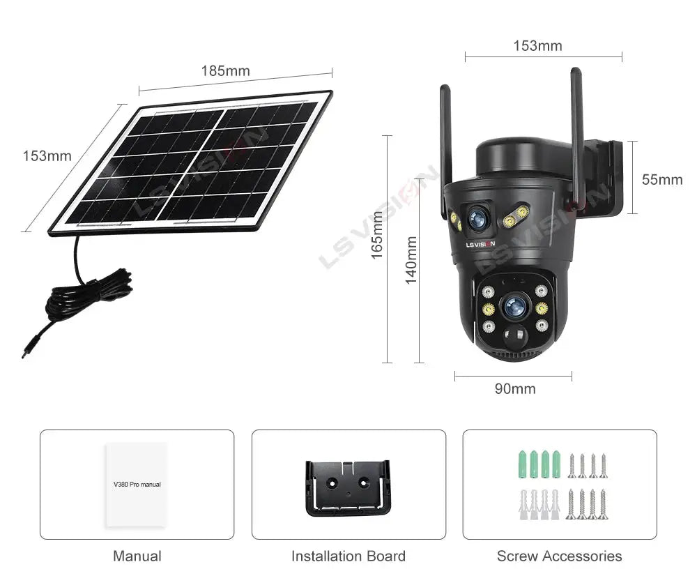 LS VISION outdoor solar camera system with 8MP dual lens, 4G/WiFi, night vision, waterproof; solar panel included