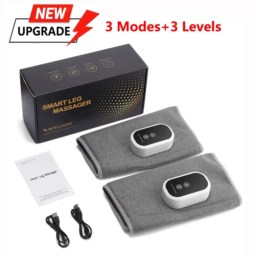 Electric Air-Pressure Calf Massager with 2 gray sleeves and wireless controls, 3 modes and 3 levels