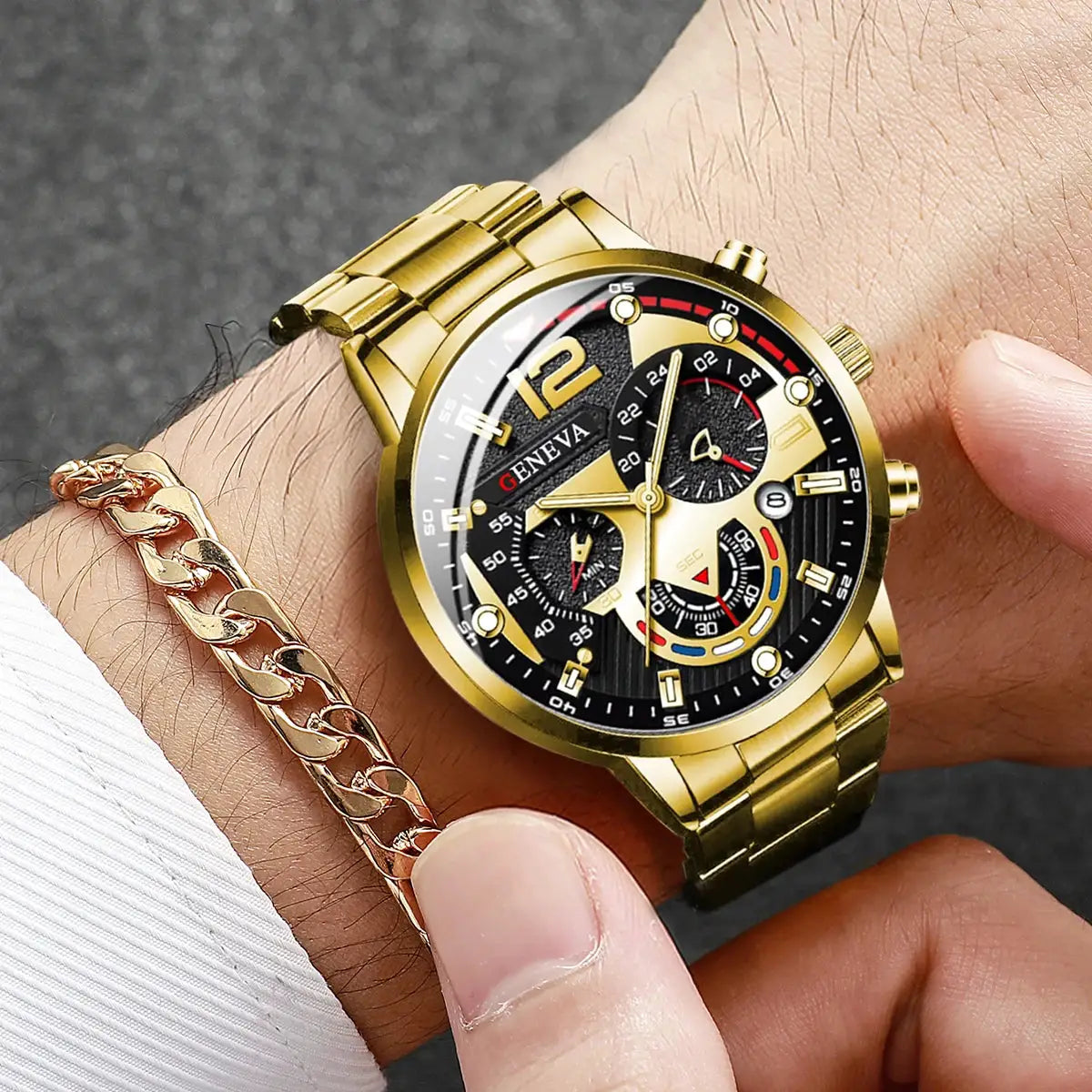 Geneva men's gold-tone stainless steel watch with analog quartz movement and multi-dial face on wrist