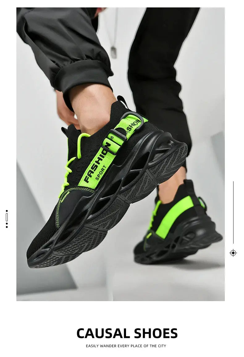 Sneakers Unisex mesh breathable black with neon green accents and thick sole pair