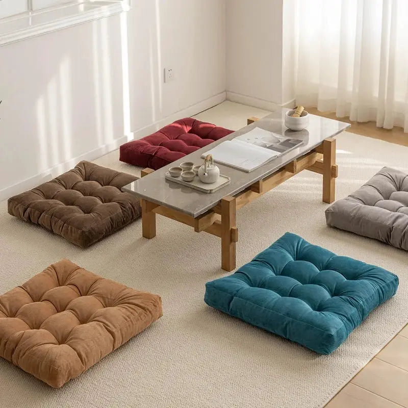 Simples Market floor pillows set of 5 thick tufted square cushions in teal, brown, tan, burgundy, and gray.