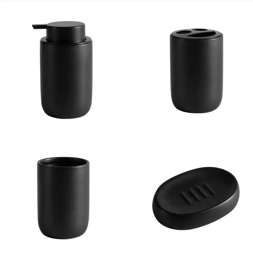Bathroom set black ceramic by Simples Market: four-piece with pump bottle, toothbrush rack, mouthwash cup, and soap dish.