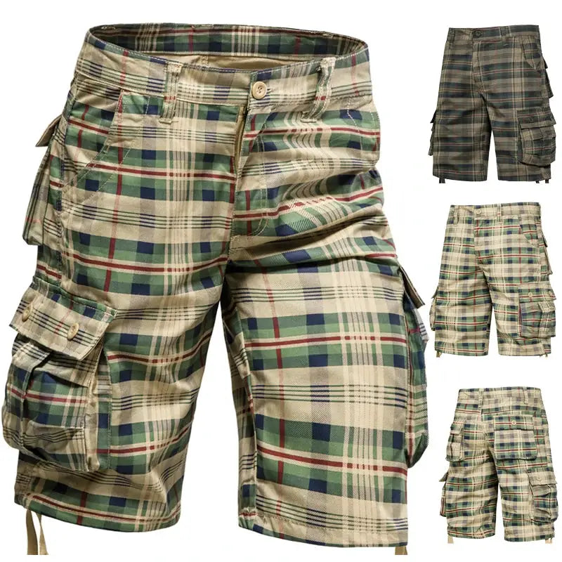 Men's plaid cargo shorts by Simples Market, cotton summer shorts with cargo pockets in green and beige plaid