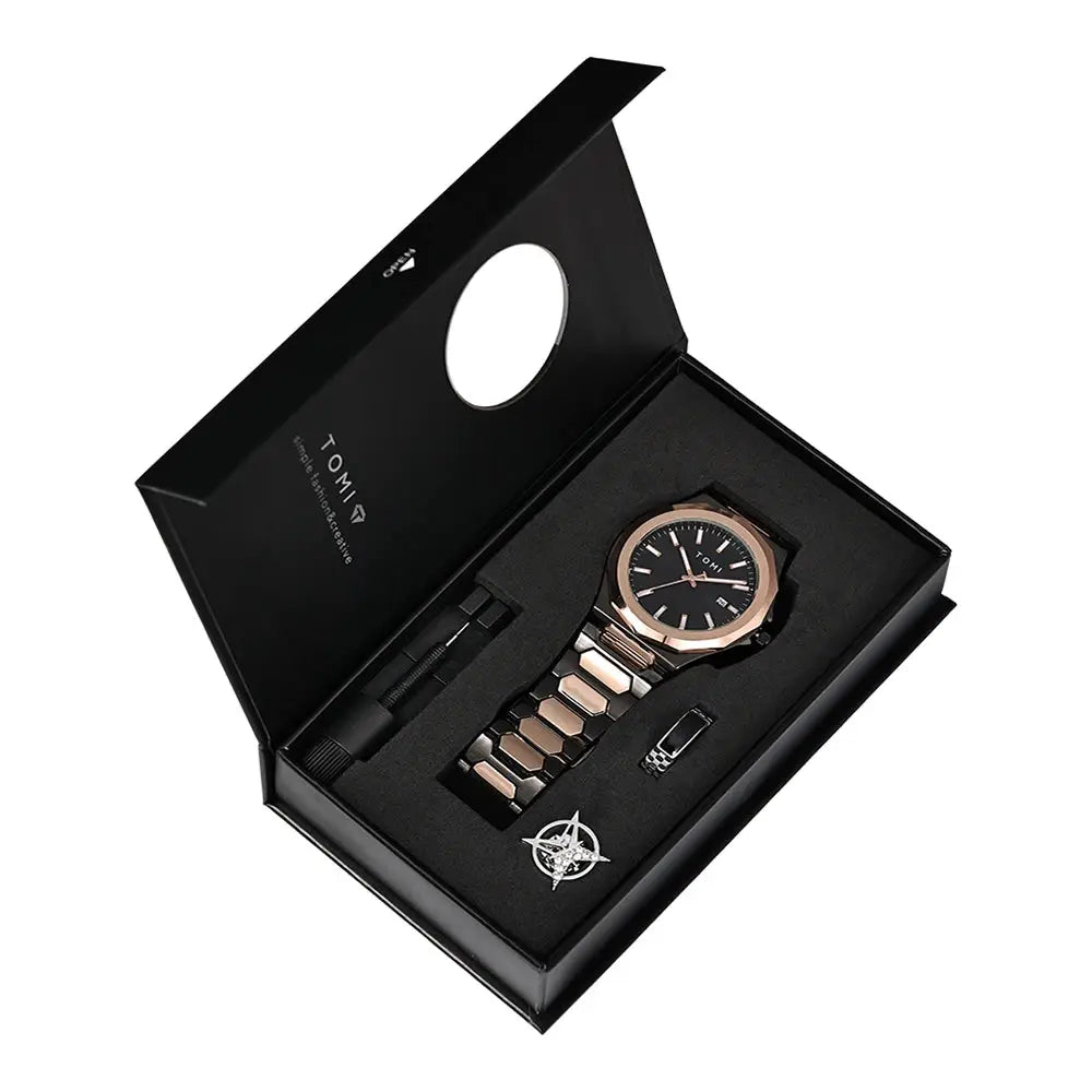 TOMI Luxury Mens Quartz Watch Gift Box Set Rose Gold Case Minimalist Numberless Dial With Calendar Feature