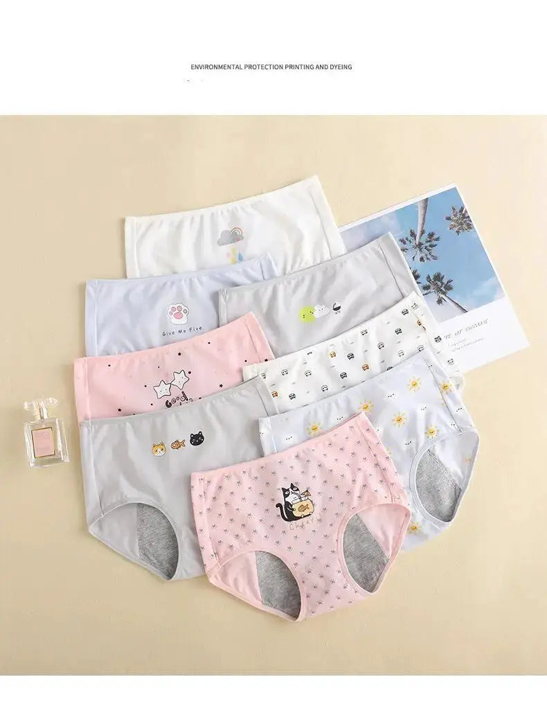 Simples Market girls' breathable cotton menstrual underwear set with cute cartoon prints, leak-proof briefs in pastel colors