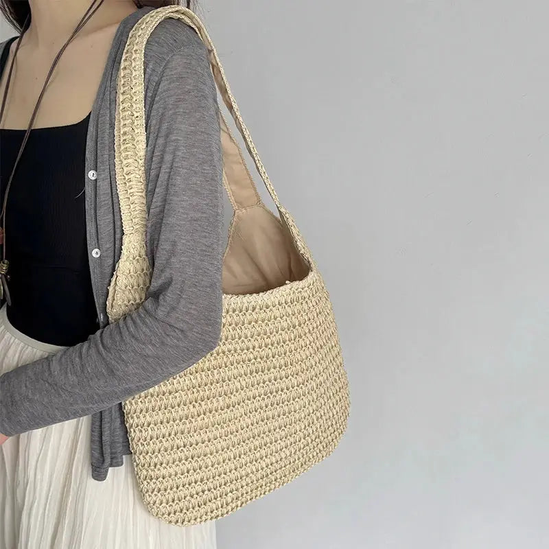 Fashion rattan women shoulder bag beige woven tote with long strap casual beach purse