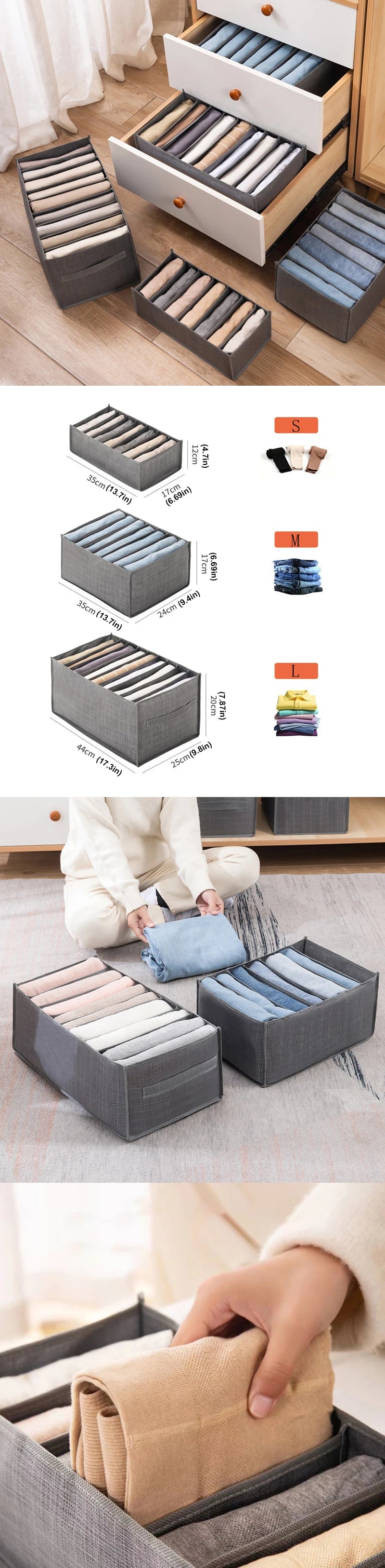 Fabric drawer organizers set in multiple sizes for wardrobe storage; keeps underwear, socks and tees neatly separated