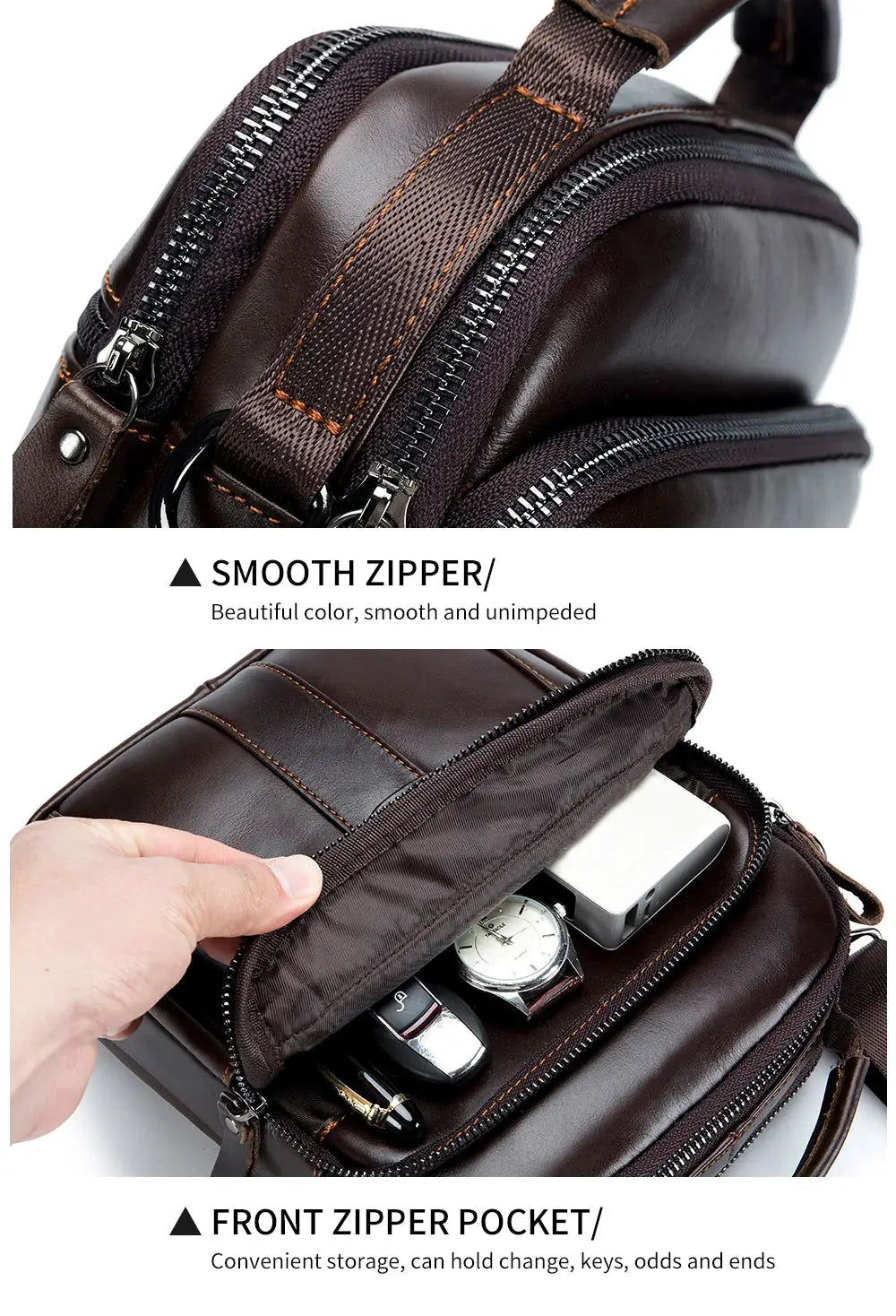 Men's crossbody bag by Simples Market in brown leather with smooth zippers and a front pocket