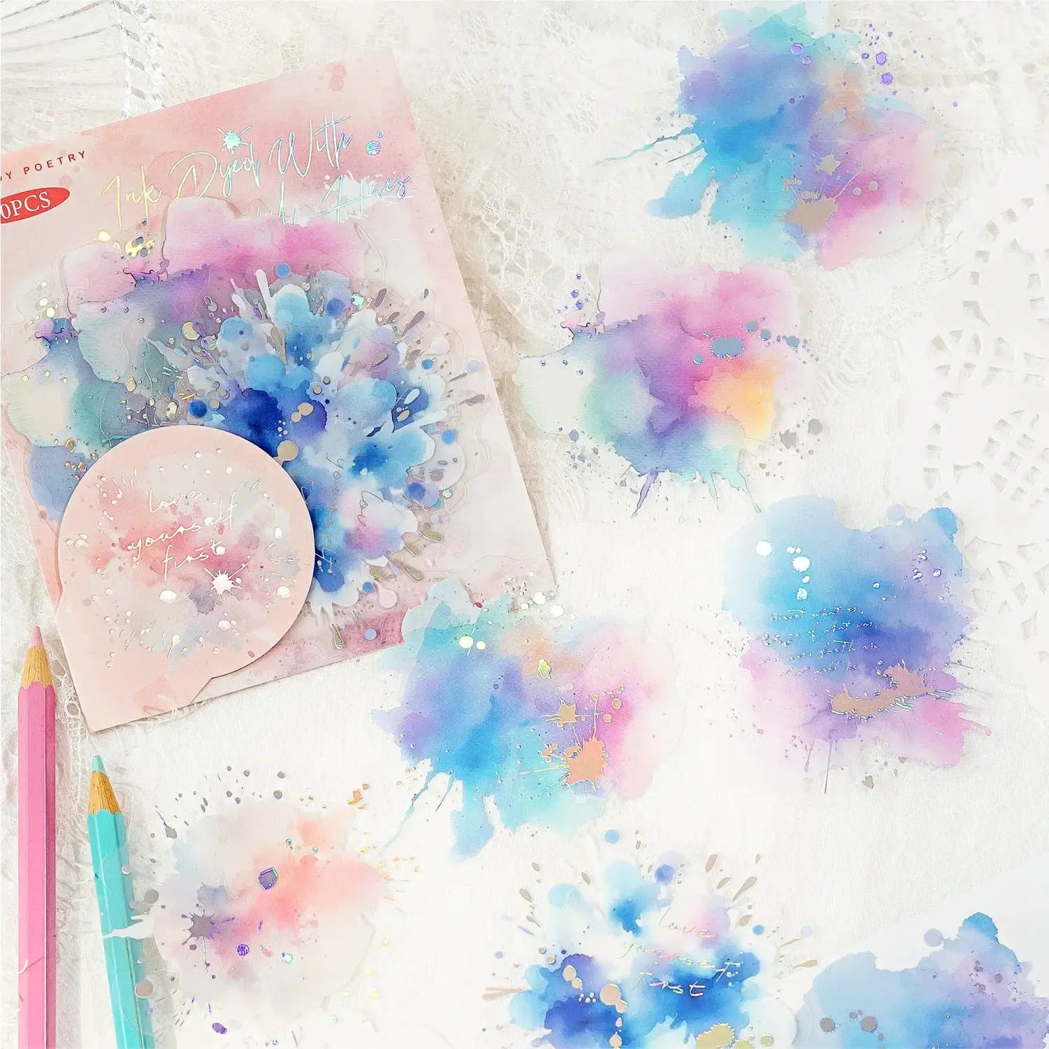 10 Pcs Colorful Series Decorative Stickers With Watercolor Foil Stamping For Scrapbooking Journaling Planners Diy