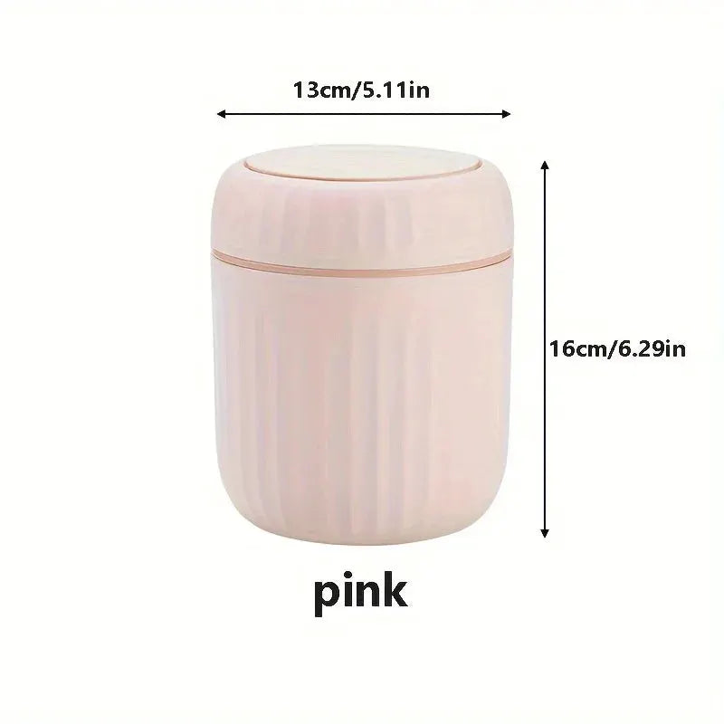 Mini desktop trash can with lid by Simples Market, pink plastic waste bin for desk (13 cm dia, 16 cm tall)