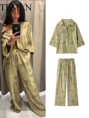 TFMLN Womens Two Piece Jacquard Shirt High Waist Trousers Wide Leg Set