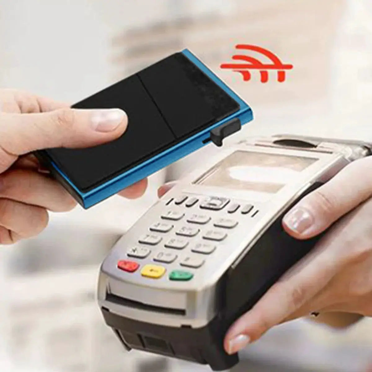 RFID card holder in blue aluminum; minimalist anti-theft wallet shown being tapped at a payment terminal.