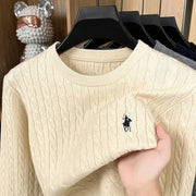 Cream cable-knit men's sweater with Polo pony embroidery.