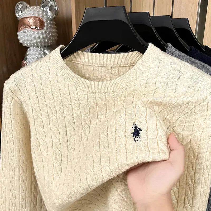 Cream cable-knit men's sweater with Polo pony embroidery.