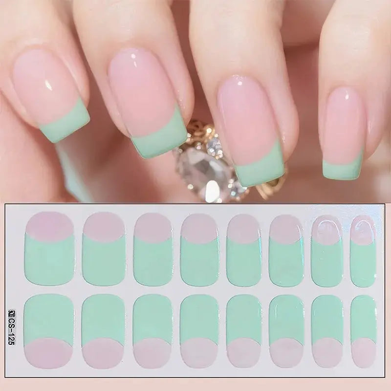 Full-cover nail stickers by Simples Market; mint green French-tip over pink base, self-adhesive manicure decals