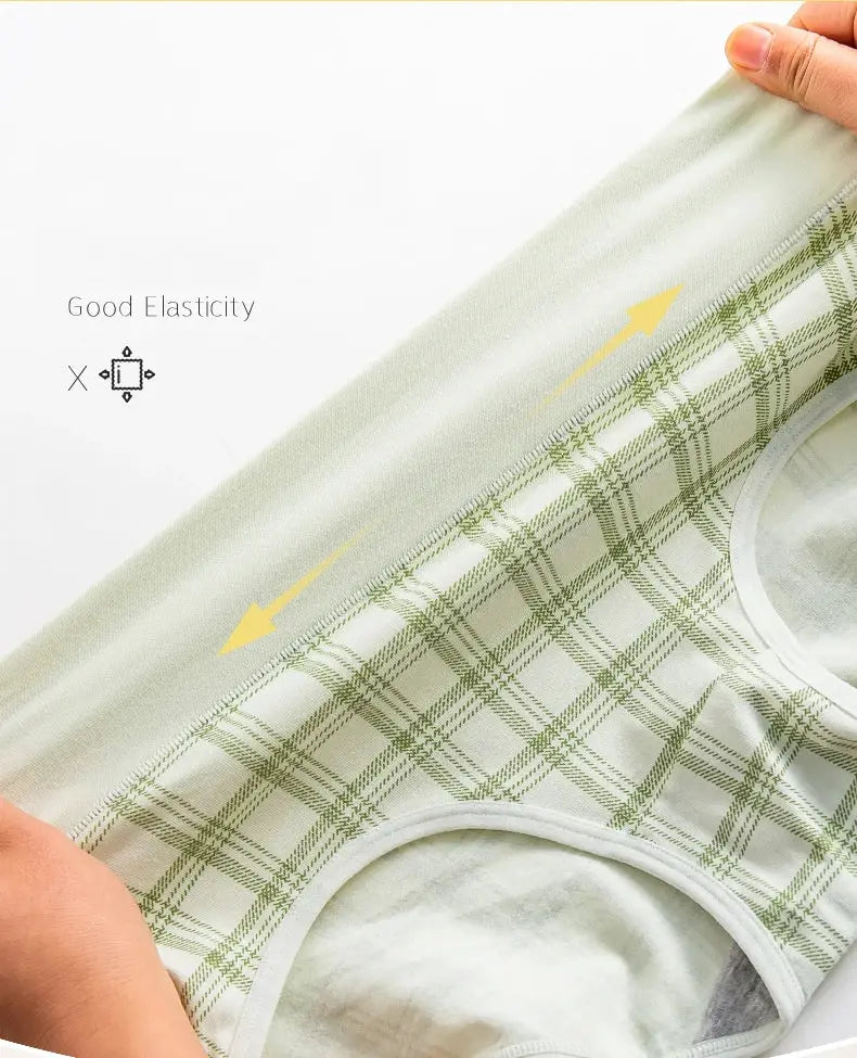 4-pack cotton women’s high-waist body-shaper panties with green plaid print, breathable underwear