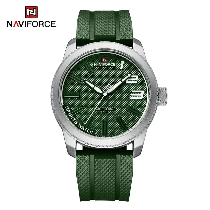 NAVIFORCE men's watch with green textured dial, green silicone strap, stainless steel case, 30m water resistant