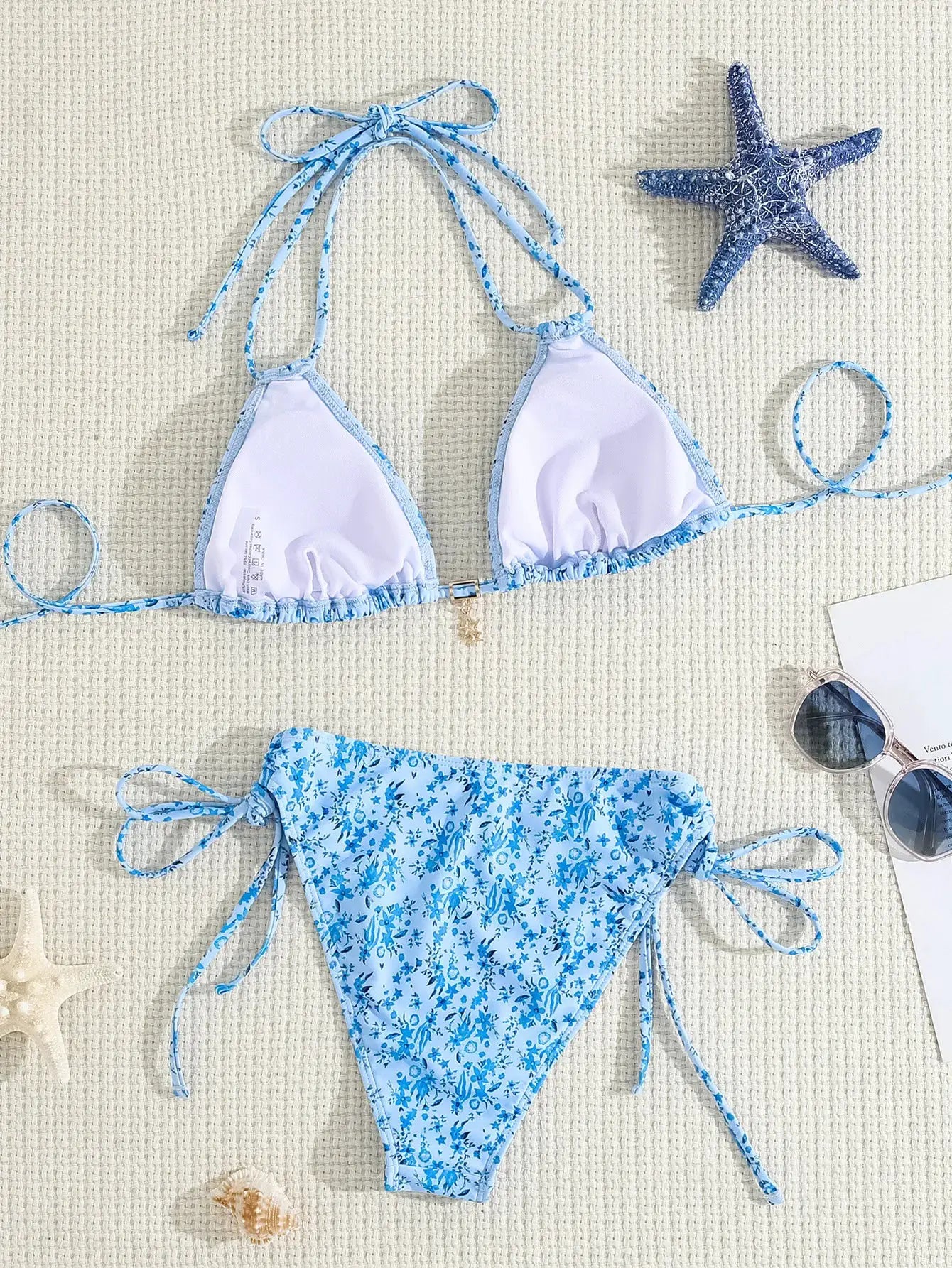 Simples Market bikini set, light-blue floral print two-piece with adjustable-tie triangle top and tie-side bottoms