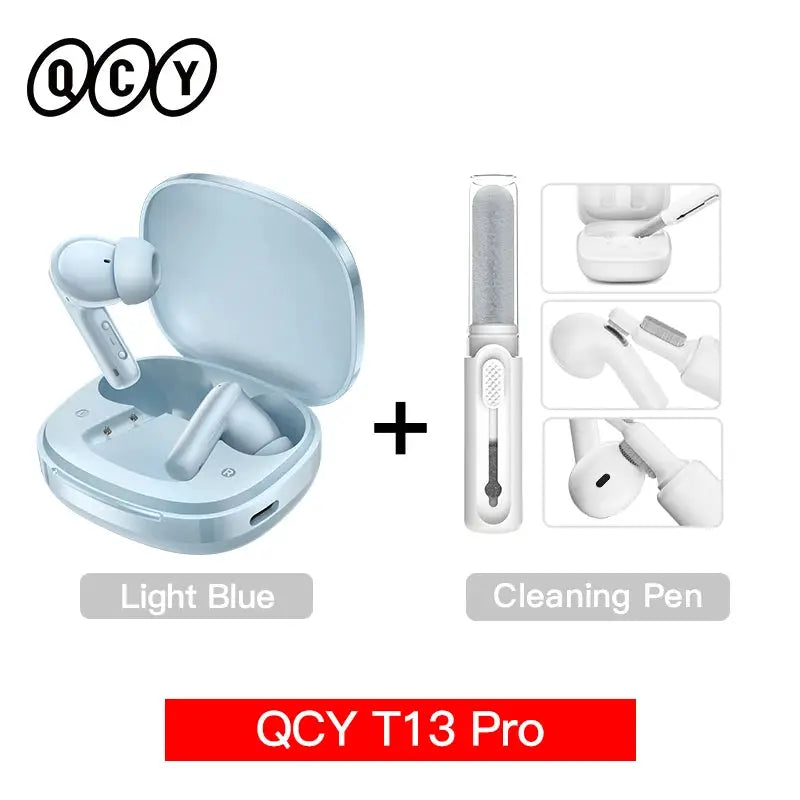 QCY T13 Pro wireless earbuds in light blue with charging case and cleaning pen (2 items)