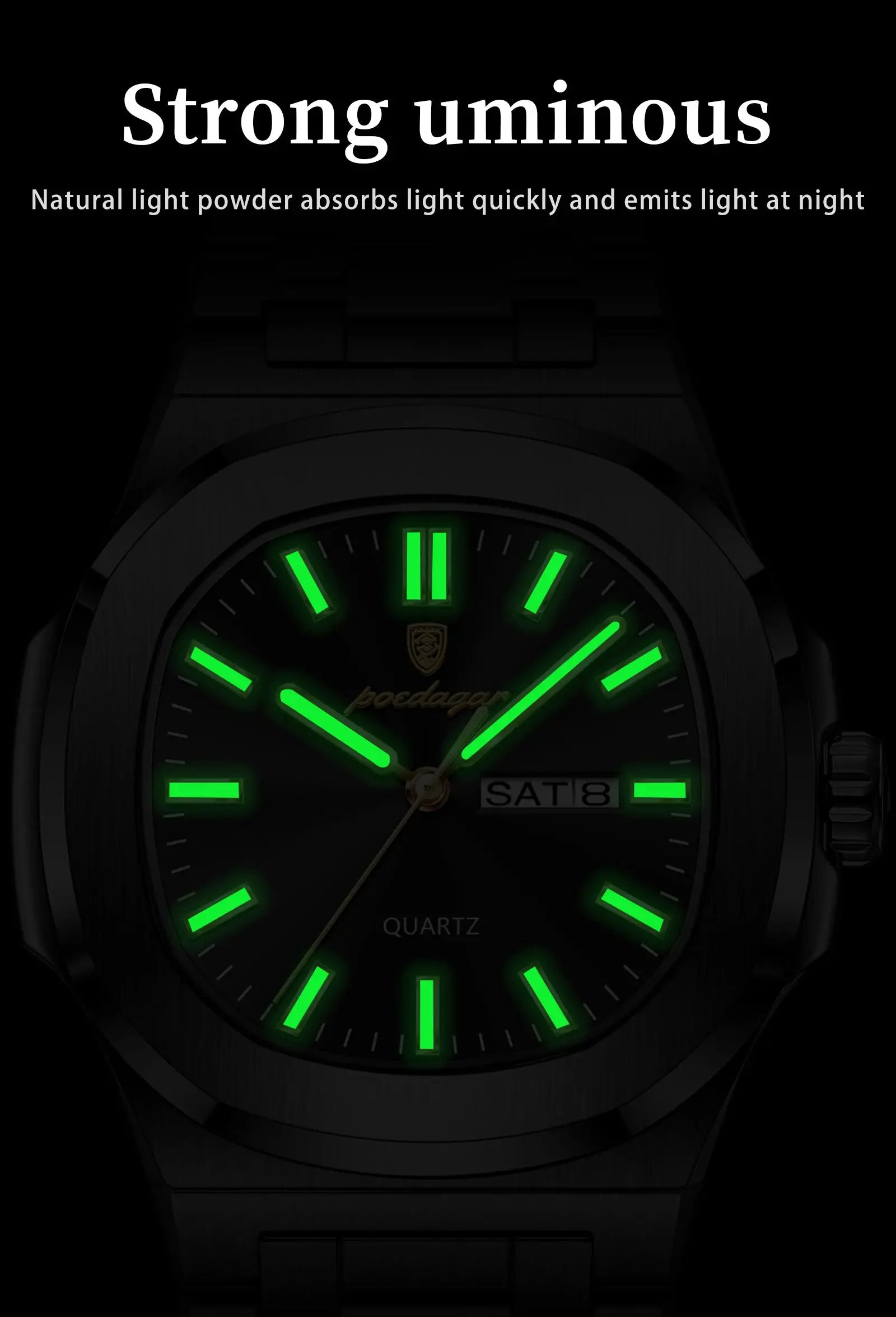 POEDAGAR luxury square men's quartz watch with stainless steel band and glowing green luminous markers, date window