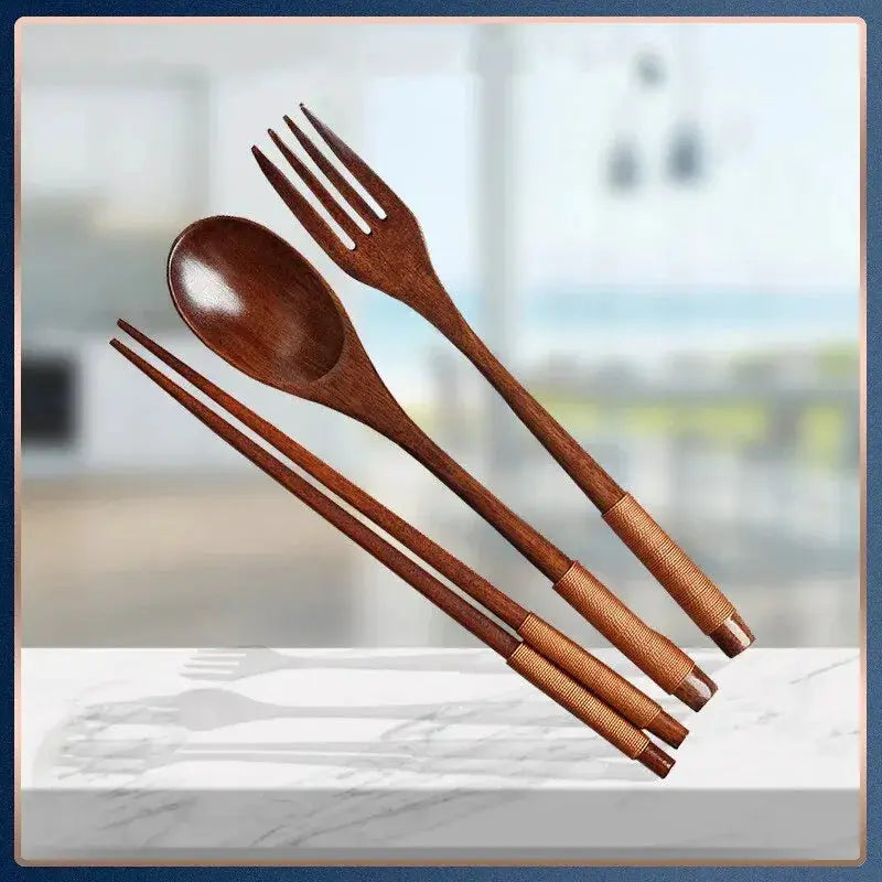 ZenWood Japanese Style Three Piece Wooden Cutlery Set With Chopsticks Fork Spoon Hygienic Safe Easy To Use
