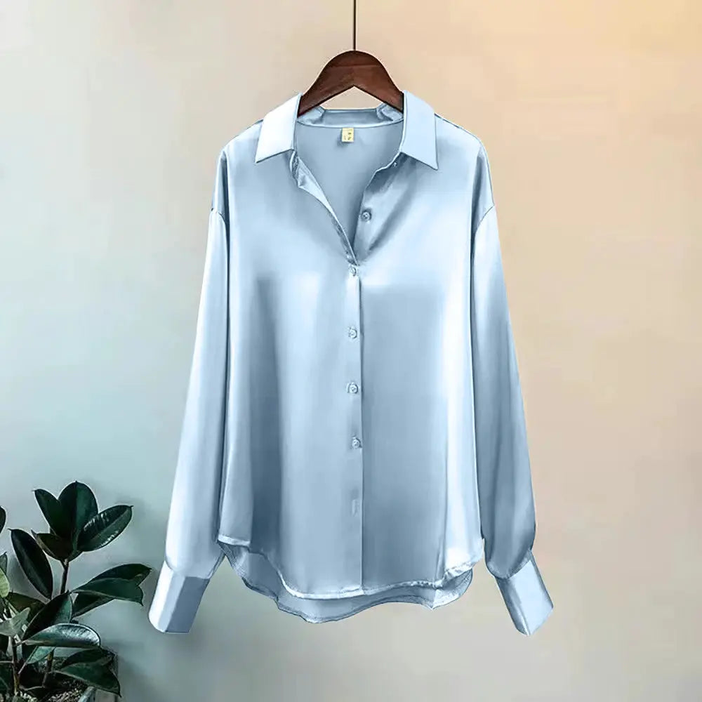 Aurora Couture Satin Blouse For Women All Season Comfort Button Front For Office And Casual Wear