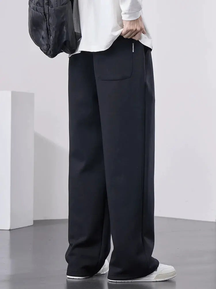 Men's black wide-leg cotton track pants with drawstring, casual baggy long trousers by Simples Market