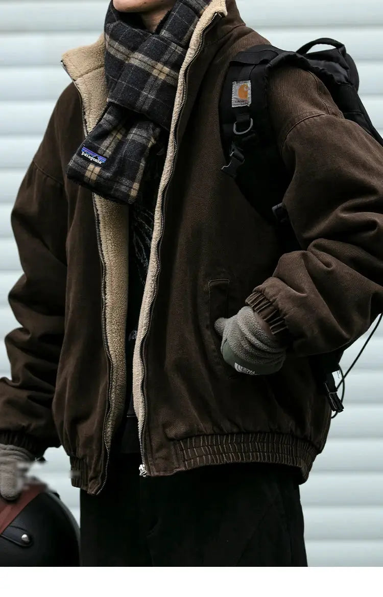 Men's brown Japanese vintage polar fleece jacket with beige sherpa lining and zip closure