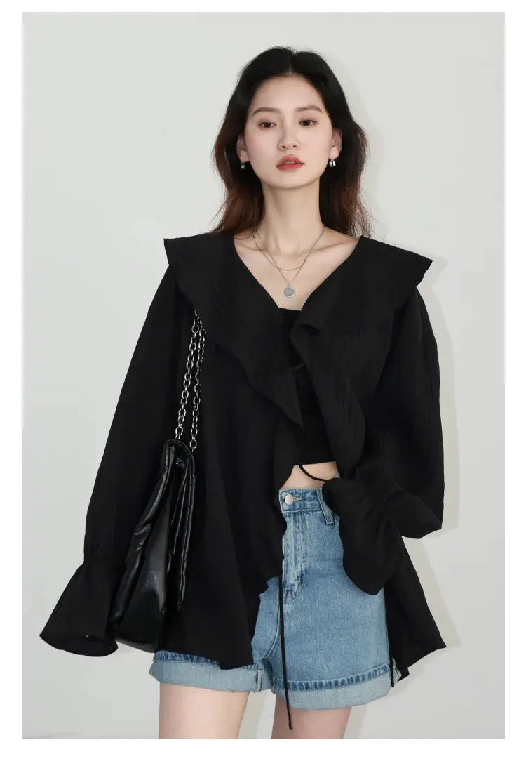 CHIC VEN women's black loose-fit shirt with oversized ruffled collar and lace-up V-neck.