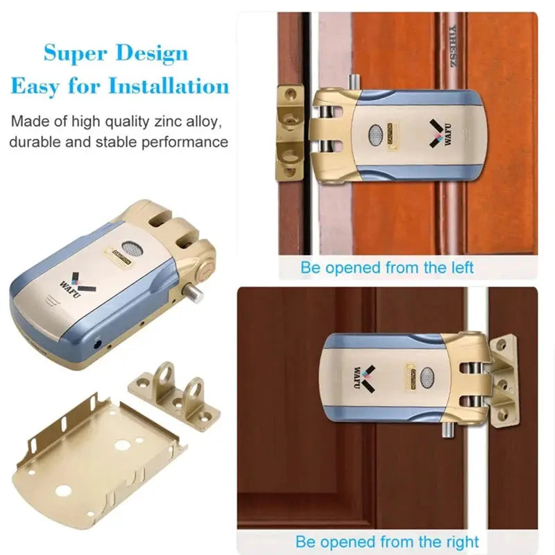 Wafu 019 remote control door lock with blue-gold finish, 433MHz invisible deadbolt; includes 5 chrome-plated remotes.