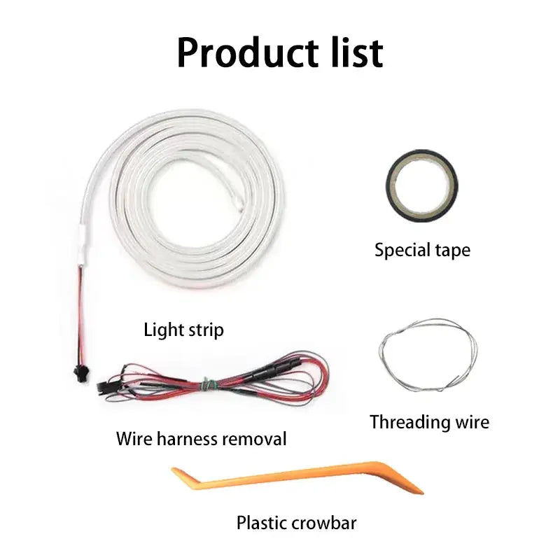 Car LED trunk light kit by Simples Market; 5-piece set with white light strip, wiring, tape, and crowbar tools