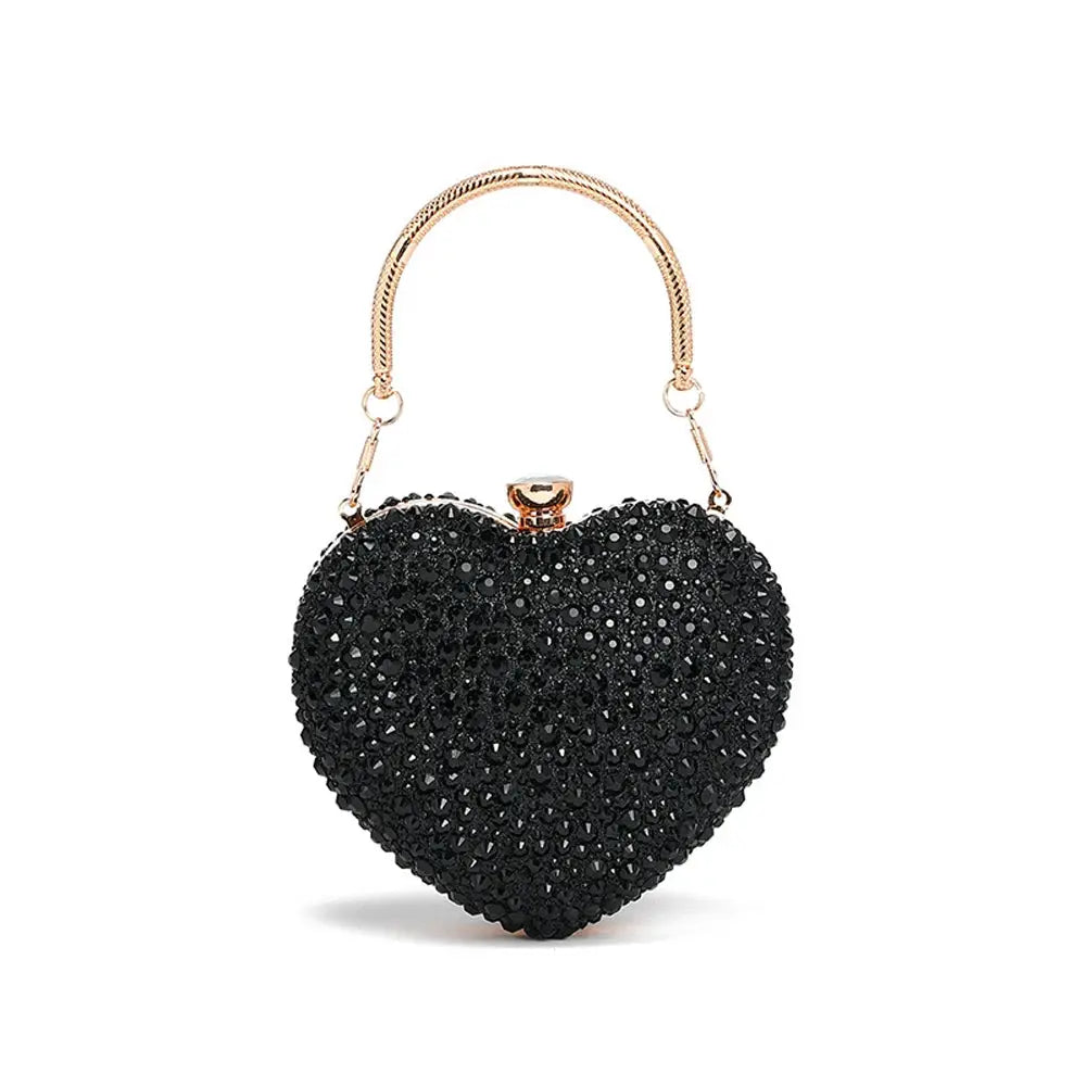 Heart-shaped crystal clutch with black stones and gold-tone handle by Simples Market