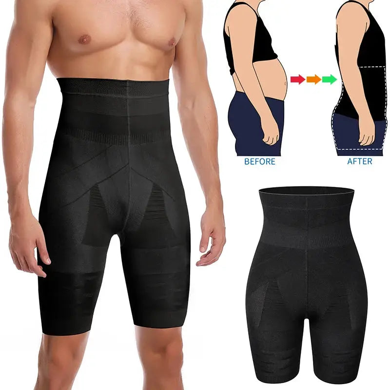 Men's black high-waist tummy-control compression shapewear shorts by Simples Market, size 3XL