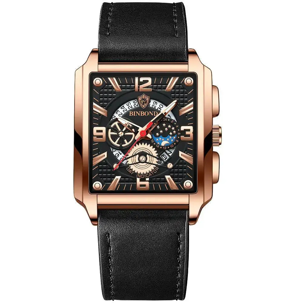 BINBOND men's watch with rose-gold square case, black textured dial and black leather strap