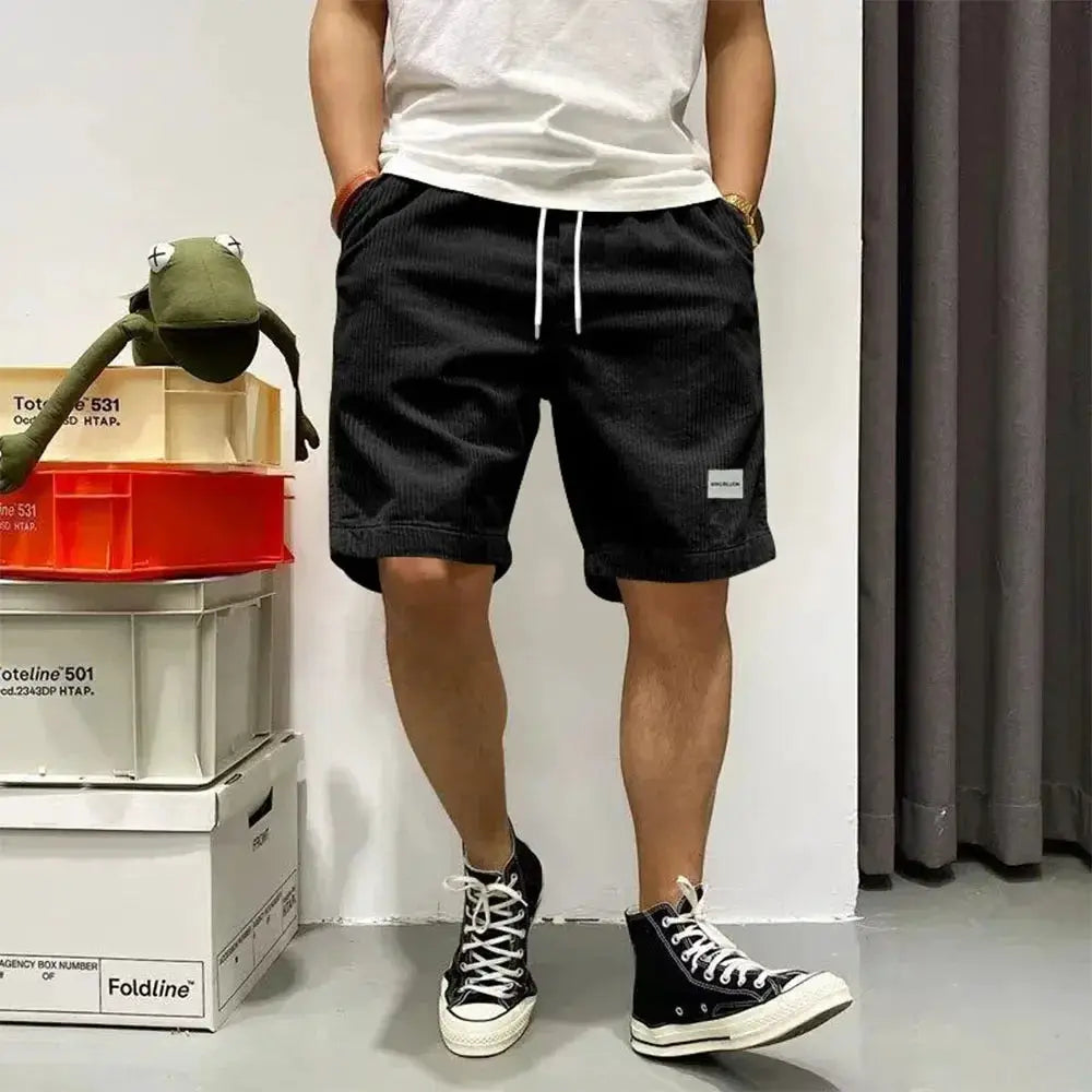 Men's corduroy shorts by Simples Market, baggy black shorts with elastic waistband