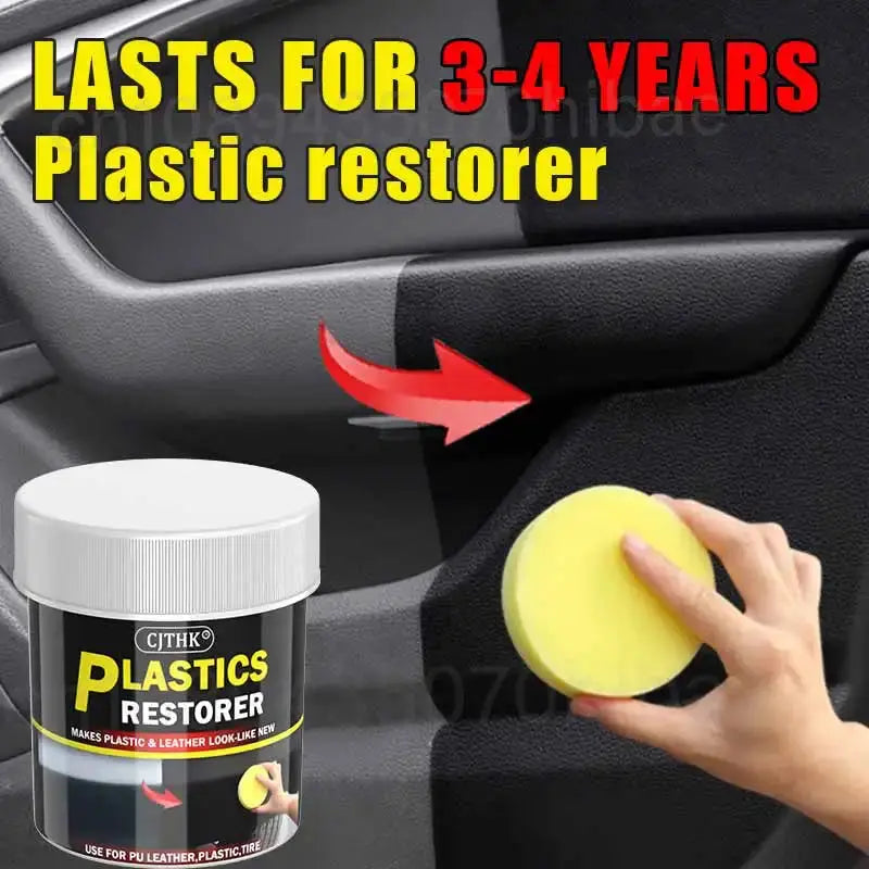 Plastics Restorer CJTHK jar with white lid and yellow sponge shown on car interior panel