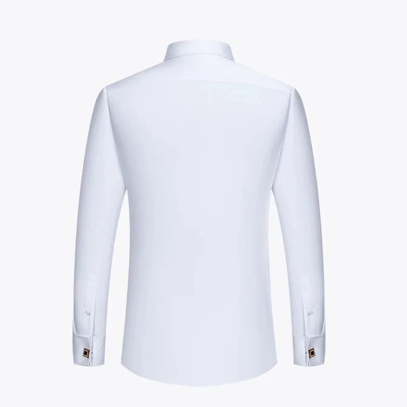 Simples Market white dress shirt with French cuffs and cufflinks, back view of a men's long-sleeve formal shirt.