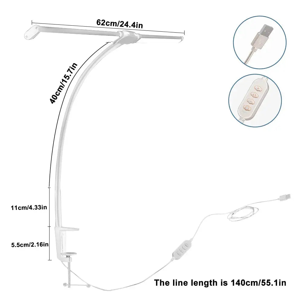 Eye-care LED clip white metal desk lamp with adjustable gooseneck, USB control, clamp base, Simples Market